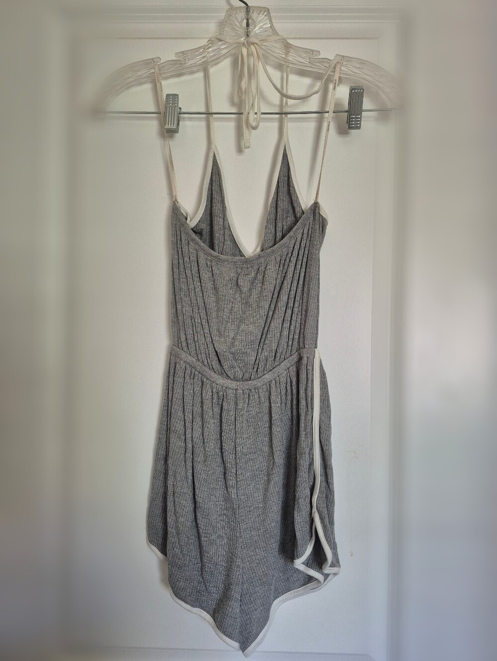 Grey Ribbed Summer Romper with White Trim